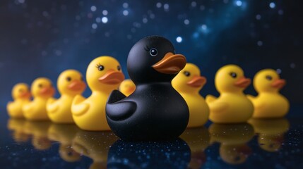 One black rubber duck stands out among a row of yellow ducks against a dark, sparkly background.