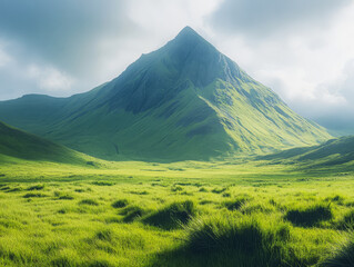 Majestic mountain rising above lush green fields in a tranquil landscape