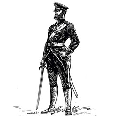 Fototapeta premium Hand-drawn illustration of a historical military officer in full uniform, standing proudly with a sword.