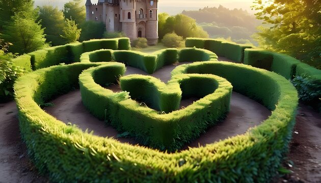 Exploring a heart-shaped hedge maze at a fairytale castle serene nature landscape photography enchanting viewpoint romantic concept - Powered by Adobe