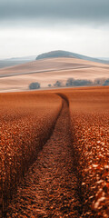 Beautiful autumn landscape with rolling hills and winding path through golden fields