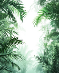 Lush tropical foliage creates a serene path through a misty jungle at dawn