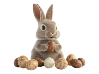 A bunny surrounded by chocolate Easter eggs, isolated on a transparent background, perfect for Easter, holiday celebrations, or festive-themed designs.