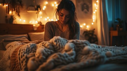 Young woman sitting on bed at night, warm lights.
