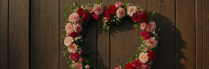 A heart-shaped wreath made of fresh red and pink flowers, hanging on an antique wooden door with soft sunlight streaming through, symbolizing love and togetherness.

