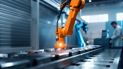 Technician installing automated welding robot in high tech workshop concept as Technician installing automated welding robot within high tech workshop highlighting advanced industrial automation and r