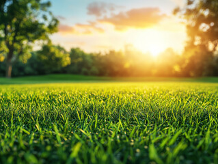 Sunlight reflecting on lush green grass during a serene evening in a park