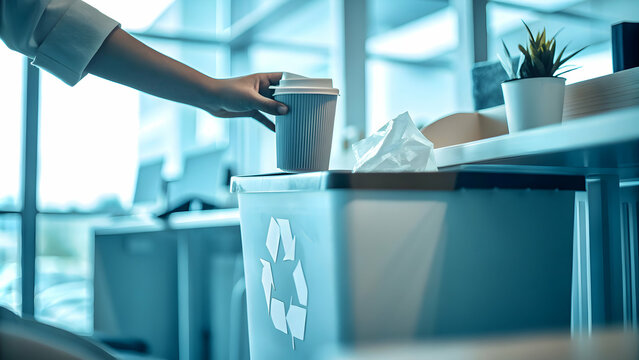 Employee placing coffee cup in compostable bin showing eco conscious behavior concept as Office worker placing coffee cup in compostable recycling bin symbolizing individual responsibility in sustaina