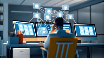 Naklejka premium Employee Juggling Multiple Screens in Office Environment Illustrating Challenge of Managing Diverse Information Streams