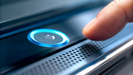 Macro Shot Finger Pressing AI Voice Assistant Button on Smart Device - Close Up of Digital Convenience and Technology Concept