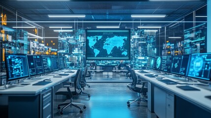 Fototapeta premium A high-tech control room with multiple screen displaying data and a world map.