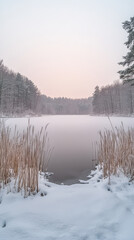 Winter landscape with frozen lake and snow-covered reeds at dawn