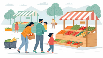 Family Selecting Fresh Produce at Local Farmers Market Supporting Sustainable Agriculture Concept