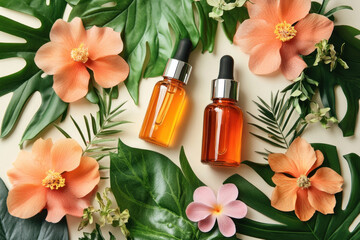 Bottle of essential oil amidst vibrant tropical leaves & flowers, nature's beauty captured in a single frame.