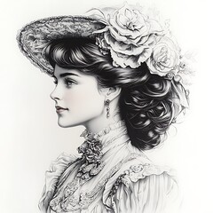 Fototapeta premium Monochrome Portrait of a Woman in a Victorian-Era Hat and Dress.