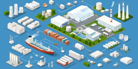 Isometric 3D View of Supply Chain Network Elements and Infrastructure Layout
