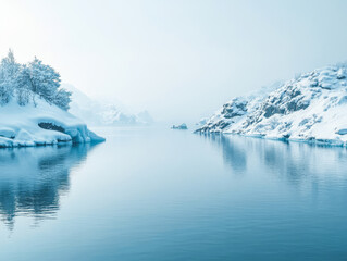 Winter landscape with serene water and snow-covered mountains in a tranquil setting