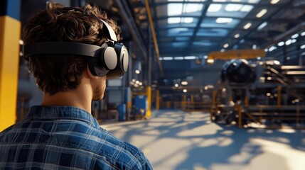 Man in VR headset inside a factory. Illustrates virtual factory tours or training simulations.