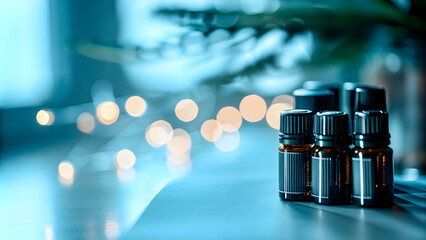 Aromatherapy Essential Oils Close Up with Bokeh Lights and Copy Space for Self Care Branding