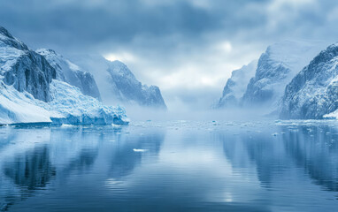Serene glacial landscape reflected in still waters during a cloudy day