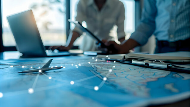 Travel coordinator managing group trips in candid environment concept as Travel coordinator managing group trips and coordinating logistics with team members in a candid environment symbolizing the ma