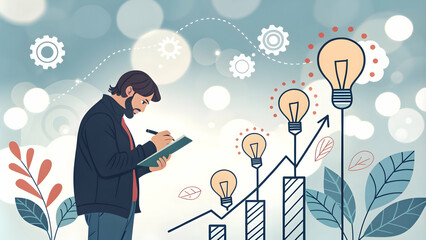 Entrepreneur Sketching Innovative Ideas on Notebook with Bokeh Digital Art Background for Empowerment and Growth.