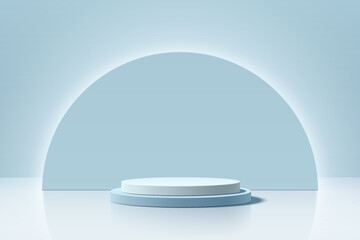 Blue, white 3D cylindrical podium background with semi circle backdrop wall scene. Minimalist mockup pedestal. Abstract stand product display presentation. Stage for showcase. Vector platforms design.