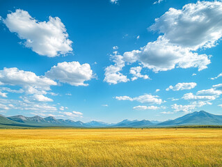 Vast golden field under a bright blue sky with fluffy clouds in a mountainous landscape