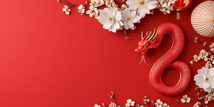Stylized Red Snake with Blossoms and Lanterns for Chinese New Year 2025, Year of Snake, Background for Celebration of Lunar New Year