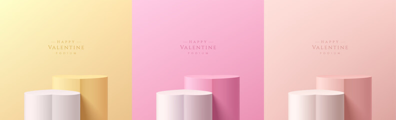 Set of valentine 3D podium background heart shape in pink, yellow and soft red color. Valentine wall scene. Minimalist mockup pedestal. Abstract stand product display presentation. Stage for showcase.