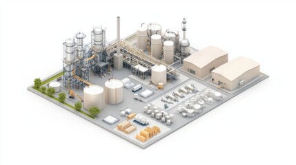 Isometric 3D View of Petroleum Plant with Equipment and Storage Facilities