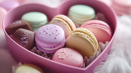 Obraz premium Pastel Heart Gift Box with Macarons and Chocolates