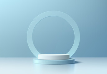 Blue 3D cylindrical podium background with glass circle backdrop. Studio wall scene. Minimalist mockup pedestal. Abstract stand product display presentation. Stage for showcase. Vector platform design
