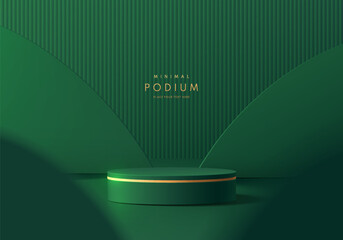Dark green 3D cylindrical podium background with curve backdrop. Studio wall scene. Minimalist mockup pedestal. Abstract stand product display presentation. Stage for showcase. Vector platform design.
