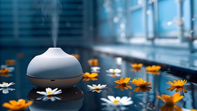 Floating Essential Oil Diffuser with Blooming Flowers on White Background for Aromatherapy and Wellness Infographics