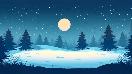 Fototapeta premium Winter night with bright moon illuminating snowy landscape and towering pine trees