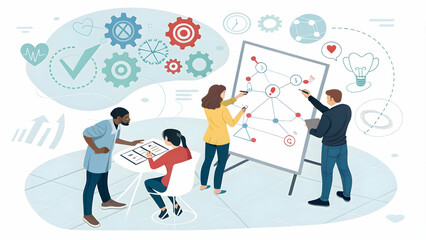 Healthcare Team Brainstorming Cost Saving Ideas Using Whiteboard on Soft Abstract Background for Collaborative Planning