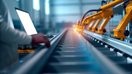 Engineer Monitors Virtual Production Line Displaying Digital Technology in Modern Manufacturing Environment with Copy Space