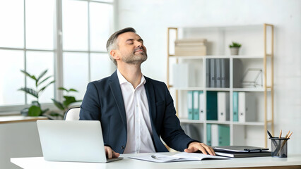 Fototapeta premium Manager practicing deep breathing in office concept as A manager practices deep breathing exercises in the office promoting stress relief and focus. The composition includes clear space for advertisin