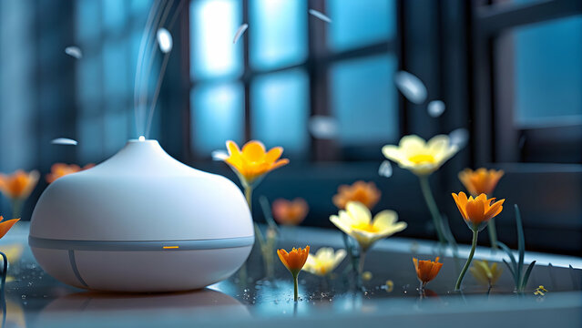 Floating essential oil diffuser and flowers concept as A harmonious vector of an essential oil diffuser and blooming flowers floating together on a white background symbolizing aromatherapy and natura