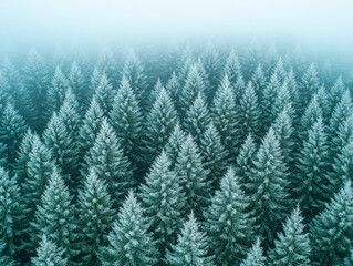 Obraz premium Lush coniferous forest covered in frost during a misty winter morning in a tranquil setting