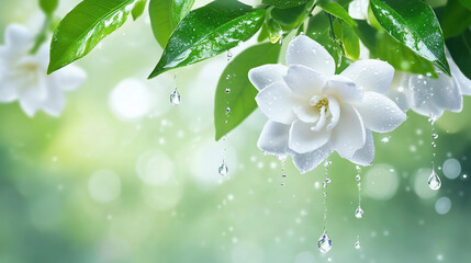 Rain drops on white gardenia flower.