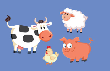 Set of Domestic Animals on Blue Background Vector Design. Domesticated farm animals in a collection of cute characters 

