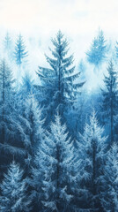 Fototapeta premium Frost-covered pine trees create a serene winter landscape in a misty forest