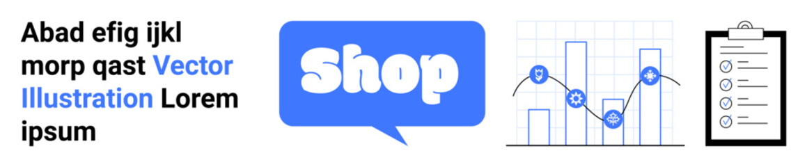 Display of shopping concept with a shop icon, data analysis graphs, and a checklist clipboard. Ideal for online shopping, data analytics, business strategy, e-commerce, and market research themes