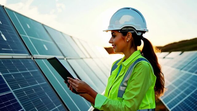 A female engineer inspecting solar panels outdoors, symbolizing renewable energy and environmental responsibility. Vibrant and innovative, suitable for eco-tech themes.