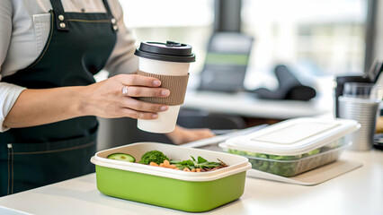 Employee with Reusable Coffee Cup and Eco-Friendly Lunch Container in Workplace - Sustainable Choices Concept - Stock Photo