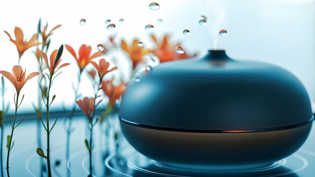 Floating Essential Oil Diffuser with Blossoming Flowers on White Background - Aromatherapy and Natural Wellness Concept