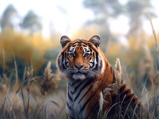 Naklejka premium Majestic Bengal Tiger, Panthera tigris tigris, close up with tiger stripes in grassland