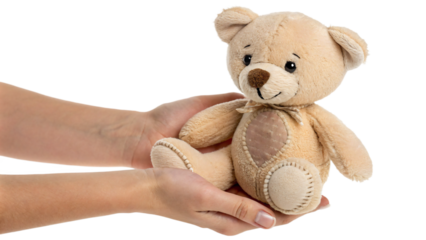 hand hold a teddy bear isolated on white
